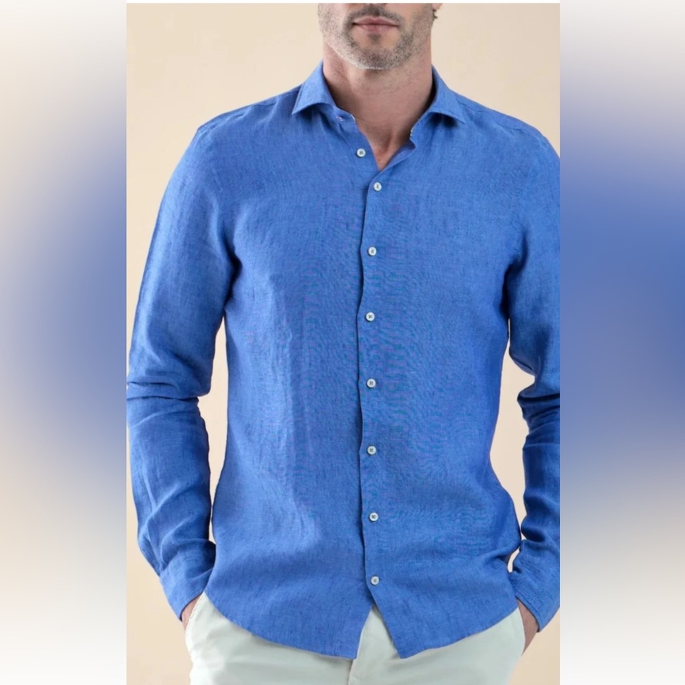 Men's Classic Blue Button-Down Linen Shirt